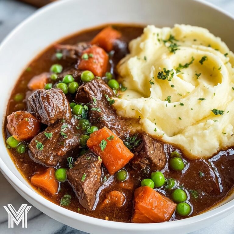 Irish Stew with Beef and Vegetables Served Over Creamy Mashed Potatoes Recipe